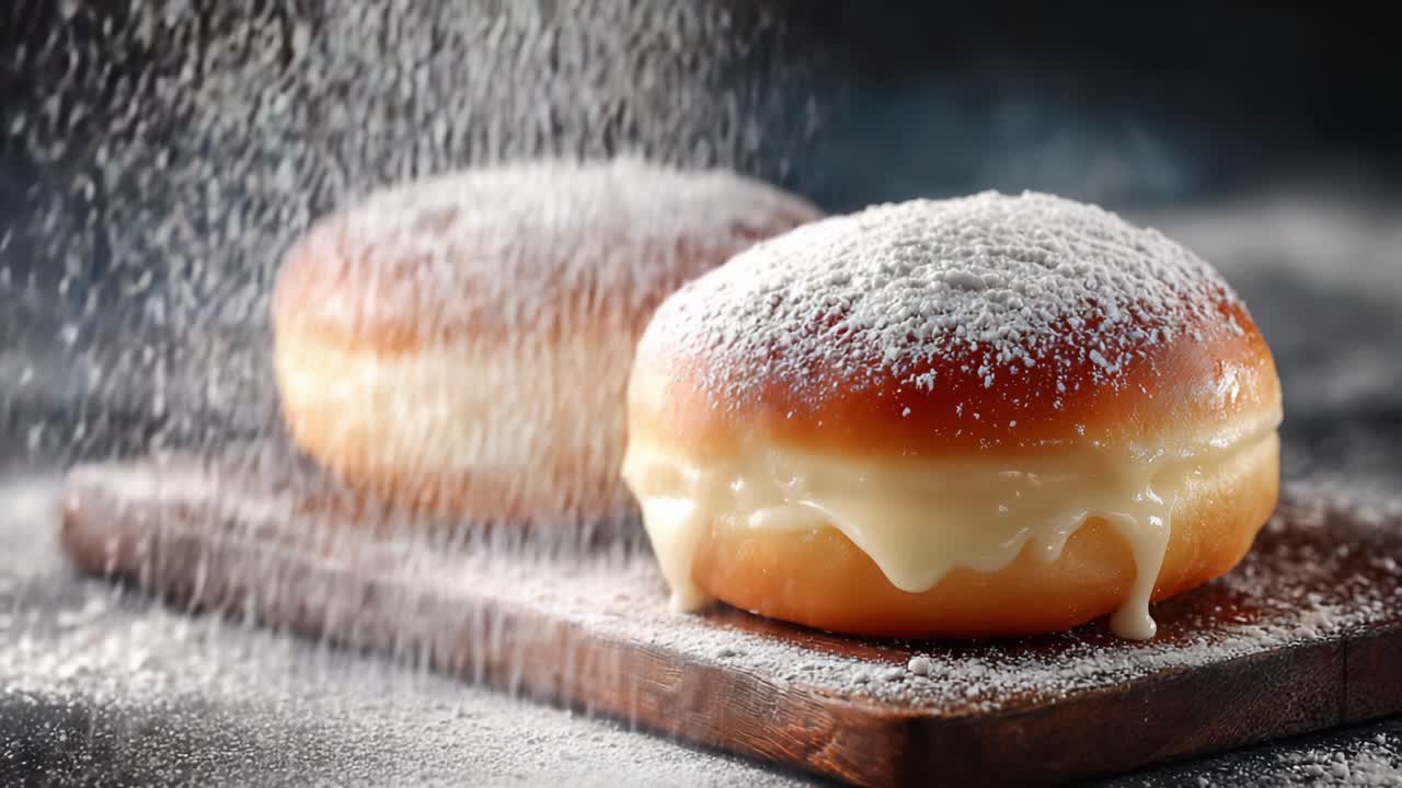 Köstlich-genussvolle, cremefüllte Doughnuts, bestäubt mit Puderzucker: Eine verlockende Dessert-Präsentation.