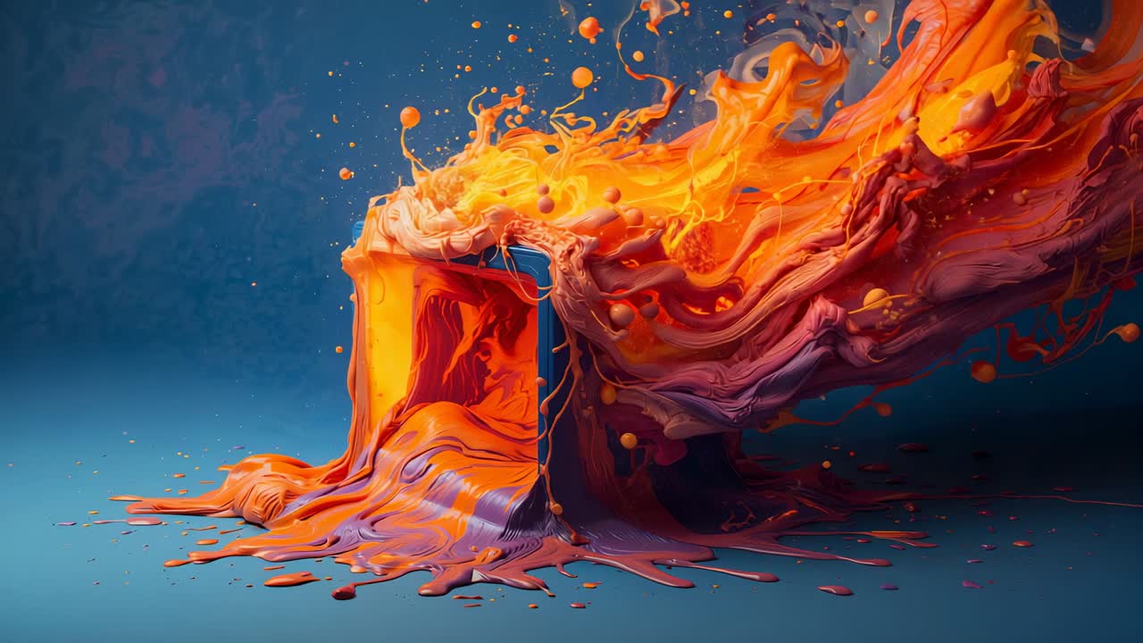 Erupting vivid orange paint pouring over cube-shaped toaster on smooth blue platform, coating lever