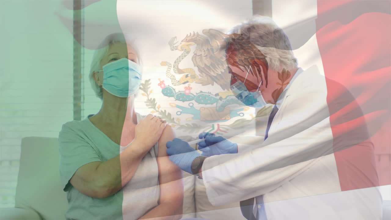 멕시코  ⁇ 발의 애니메이션 의사 백신 접종 환자가 얼굴 마스크를 쓰고 있습니다.