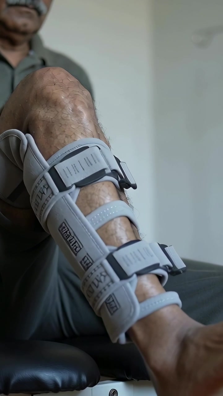 Vertical video: Senior man in polo shirt moving right leg at home, checking knee brace fit