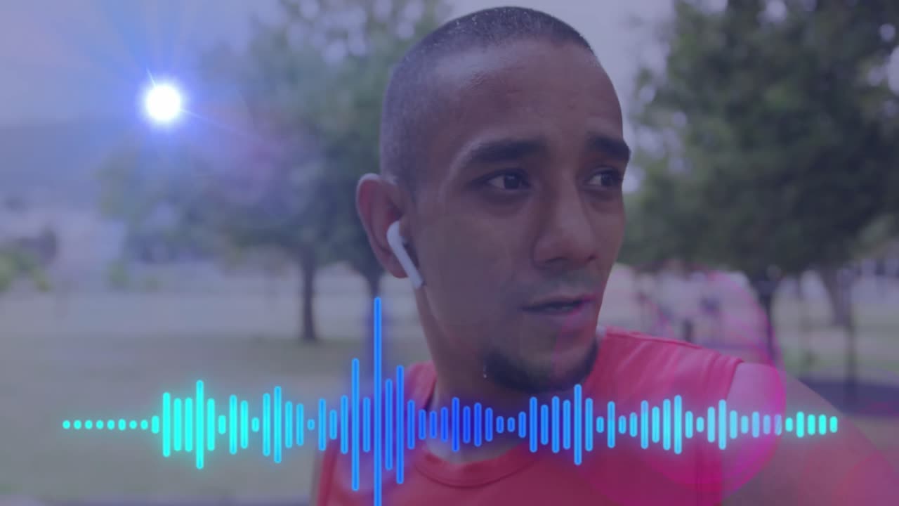 animación del medidor de pico de audio azul sobre un atleta masculino que hace ejercicio al aire libre con auriculares inalámbricos