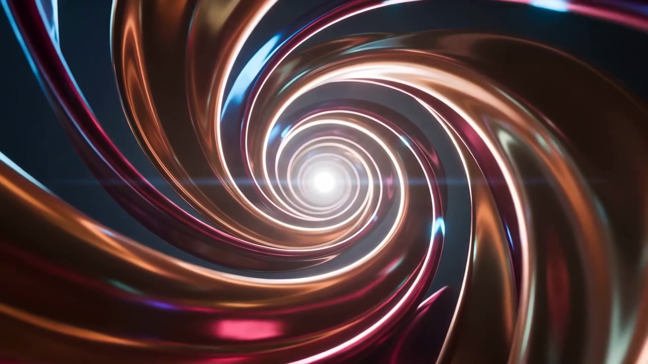 Concentric spiral of glossy metallic ribbons twists inward toward bright central glow, revealing polished mirror finishes with copper, rose gold, magenta, and cyan reflections in deep studio darkness