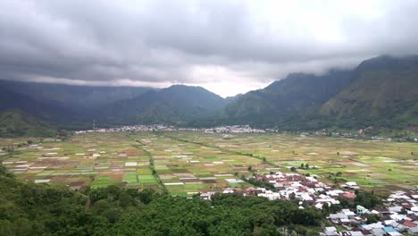 cinematic drone shot of agriculture land with volcano mountain range at the background at sembalun village valley near volcano rijani national park, lombok, indonesia