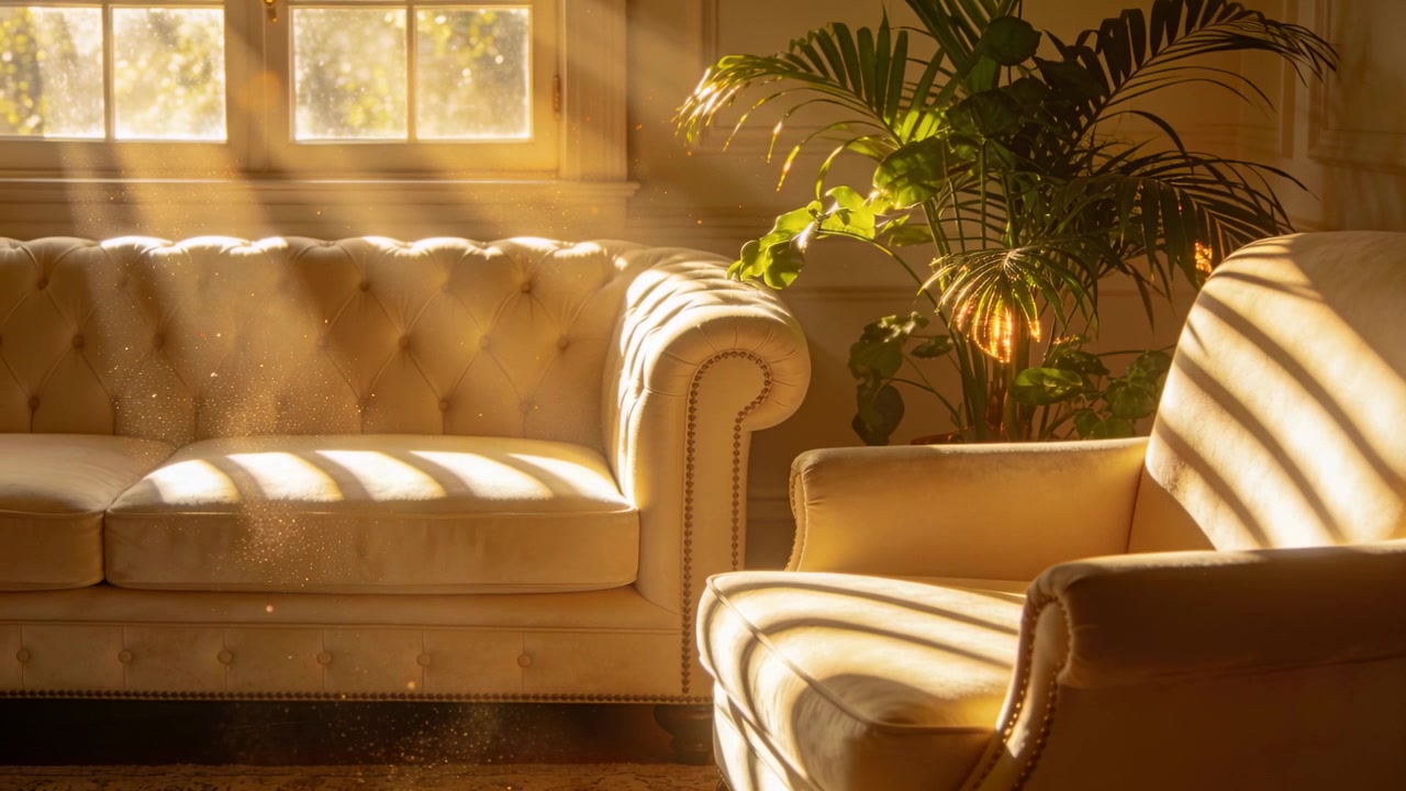 Shifting sunlight moving through window across sofa and armchair at home, showing dust motes