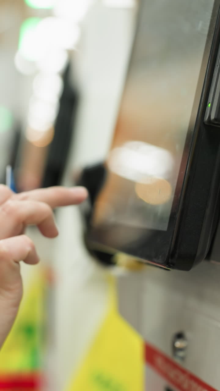 persona interactuando con una interfaz de pantalla táctil en una máquina, a punto de hacer un pago. mostrando personas borrosas en el fondo