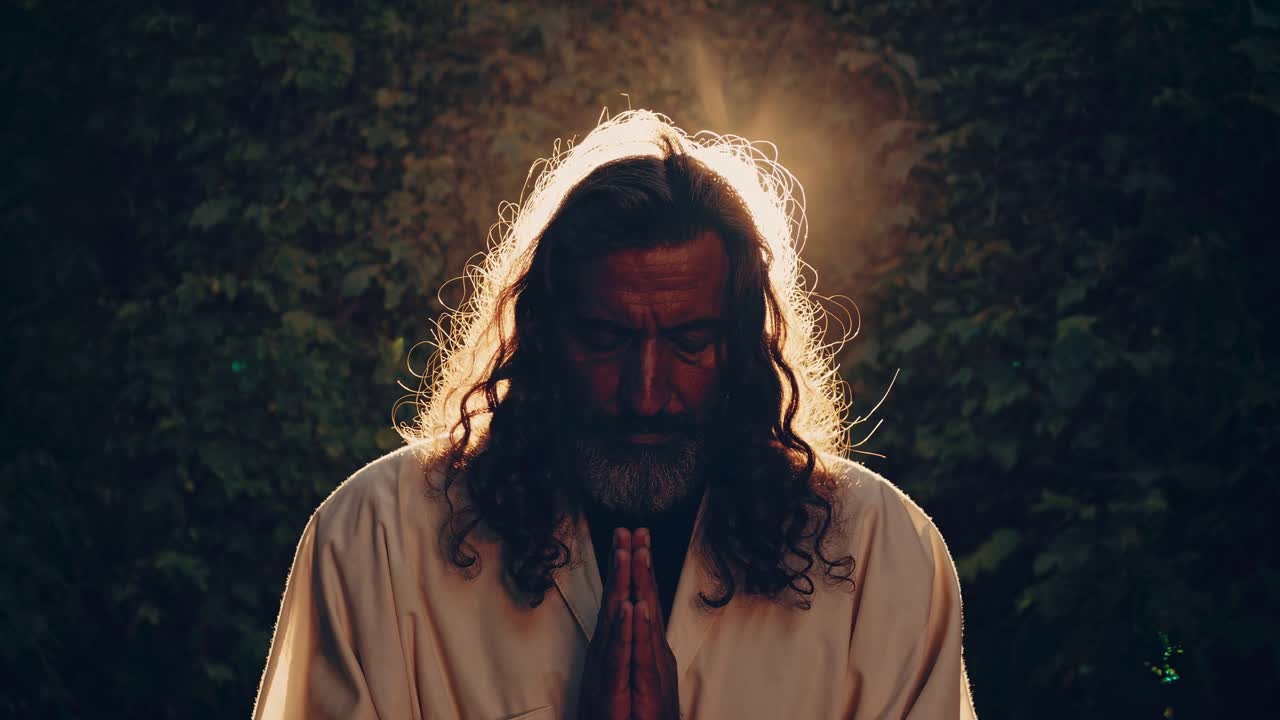 Una scena video contemplativa con un uomo in tunica, retroilluminato dal sole.