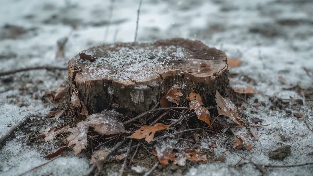 Recording weathered tree stump resting on snow-dusted forest floor, with dried leaves and twigs