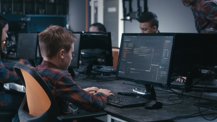 Students learning programming in school