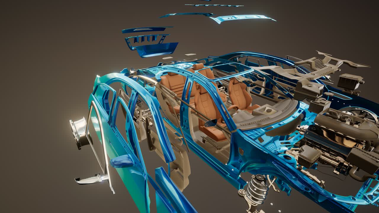 눈에 띄는 부분이 있는 분해된 자동차