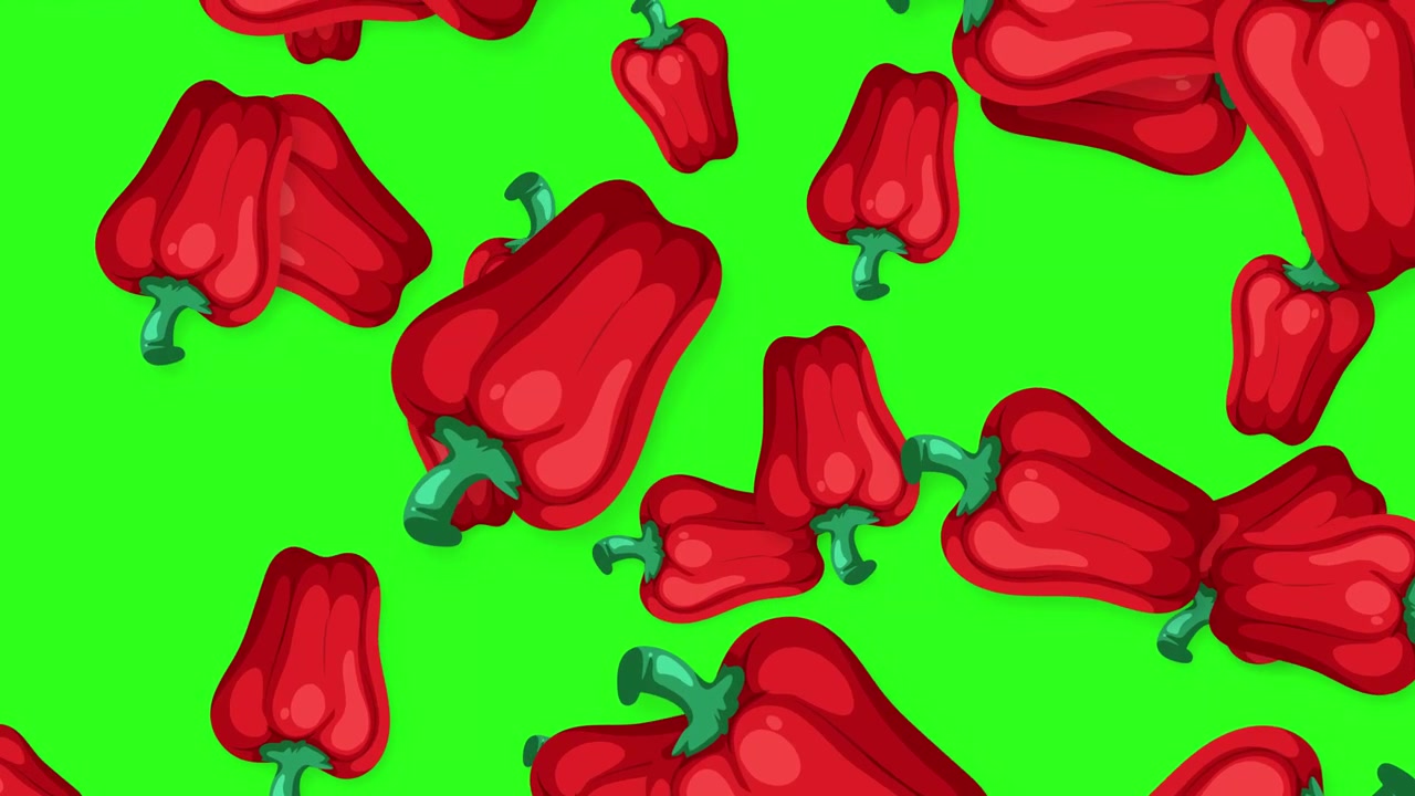 Peperoni rossi stilizzati cadono continuamente in un loop su uno sfondo verde brillante.