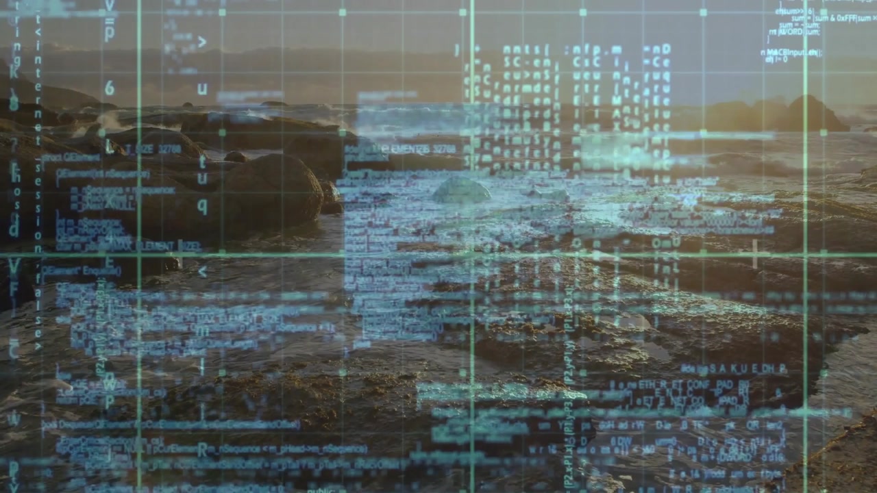 Green-blue code overlay fading in, drifting and reshaping over shore at sunset to show data flow