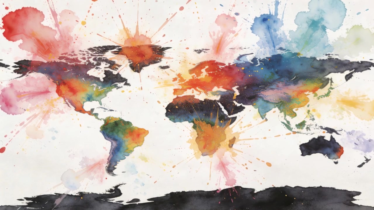 Mappa del mondo ad acquerello animata che rivela schizzi che si espandono su una tela bianco sporco, con spruzzi radiali