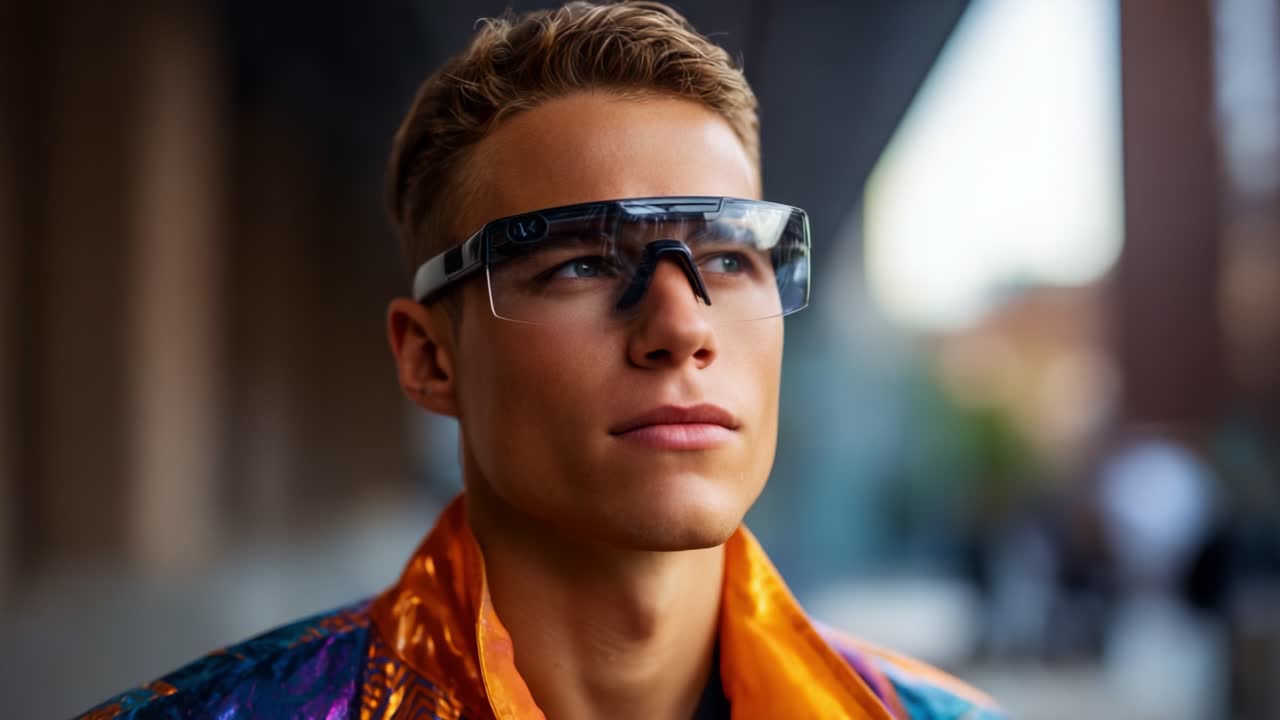 Young man wearing futuristic glasses and colorful jacket, gazing thoughtfully into the distance, embodying a modern and stylish aesthetic with a unique urban backdrop