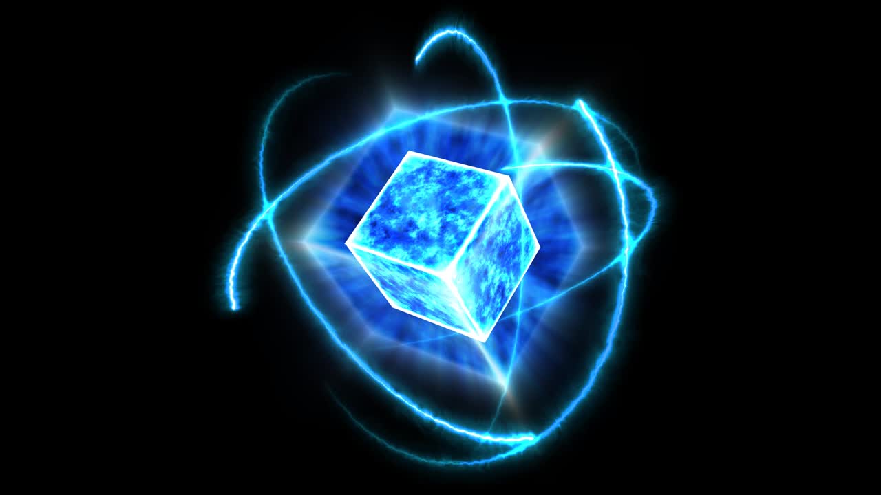 mystery dark blue wave cube empty core energy surface and atom moving by infinity energy