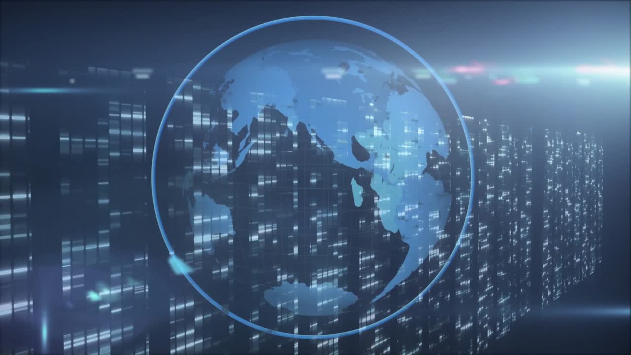 On load digital globe encircled by ring rotating revealing continents and visualizing data panels