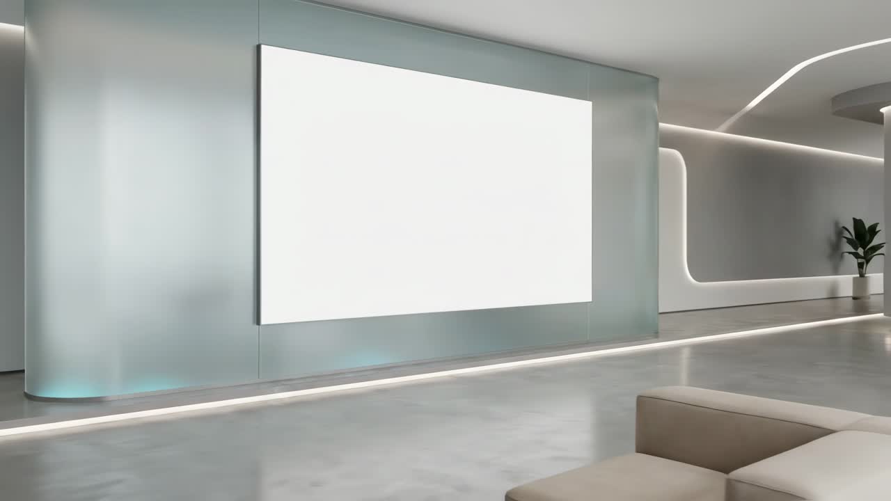 Moderne minimalistisk lobby med blank skærm og siddepladser