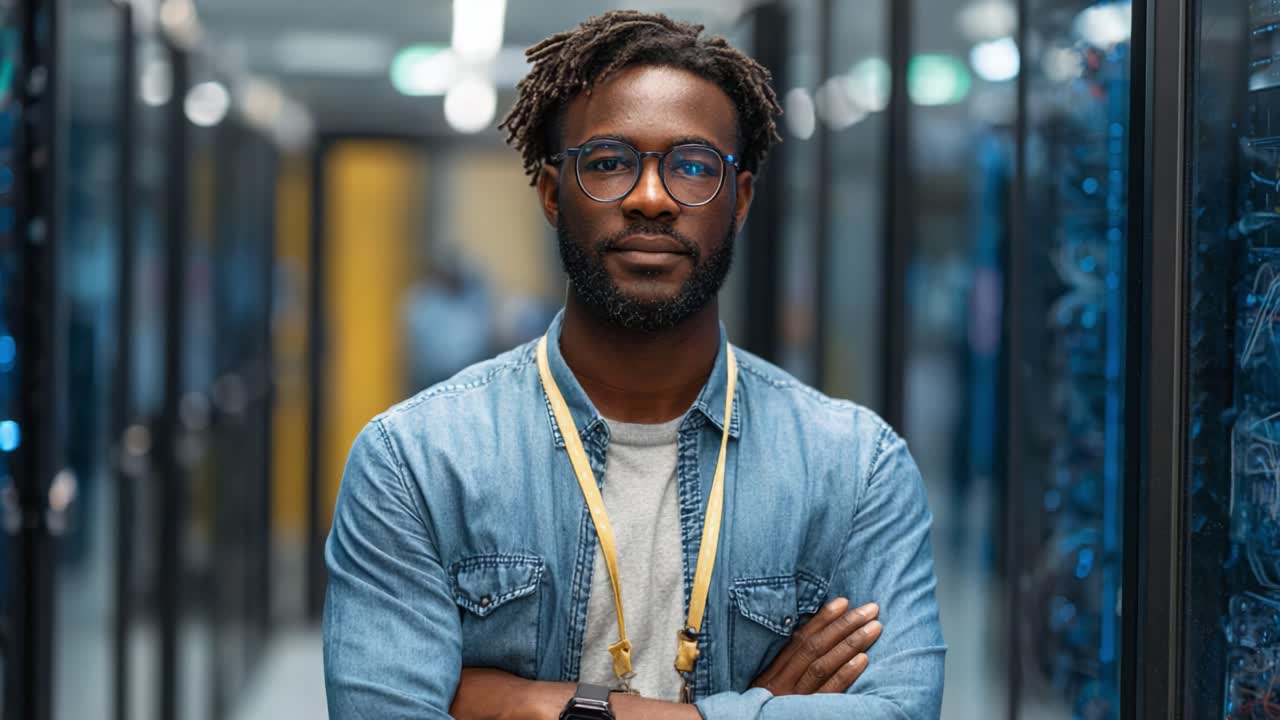 A Confident Professional Standing in a Data Center, Showcasing Technical Expertise and Modern Infrastructure with Advanced Equipment in Background