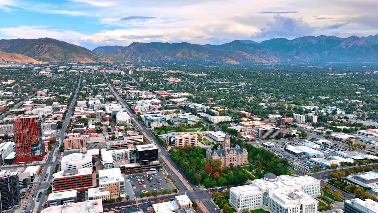 Salt Lake City USA, 1 August 2025: Aerial panorama of Salt Lake City with mountains. Wide aerial panorama of Salt Lake City, Utah, with tree-lined streets and mountains