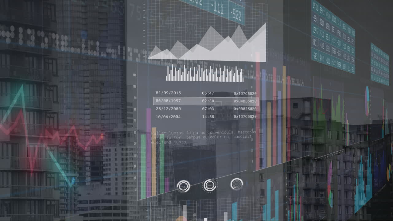 Animation of financial data processing over cityscape