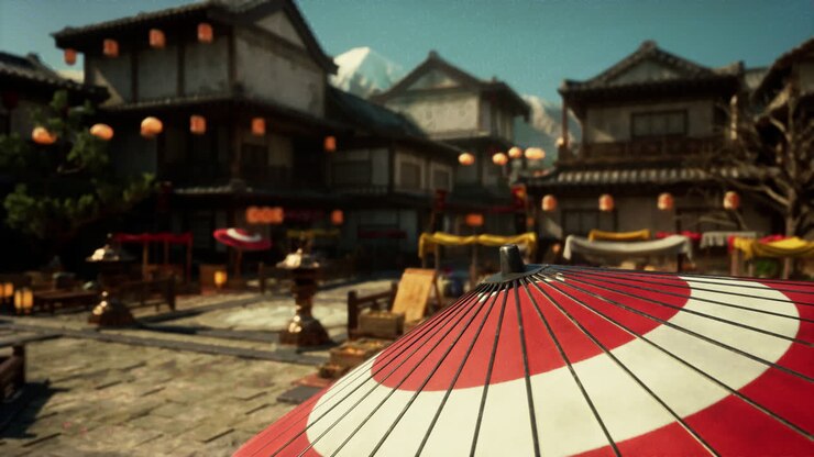 Escena callejera japonesa tradicional con paraguas rojo