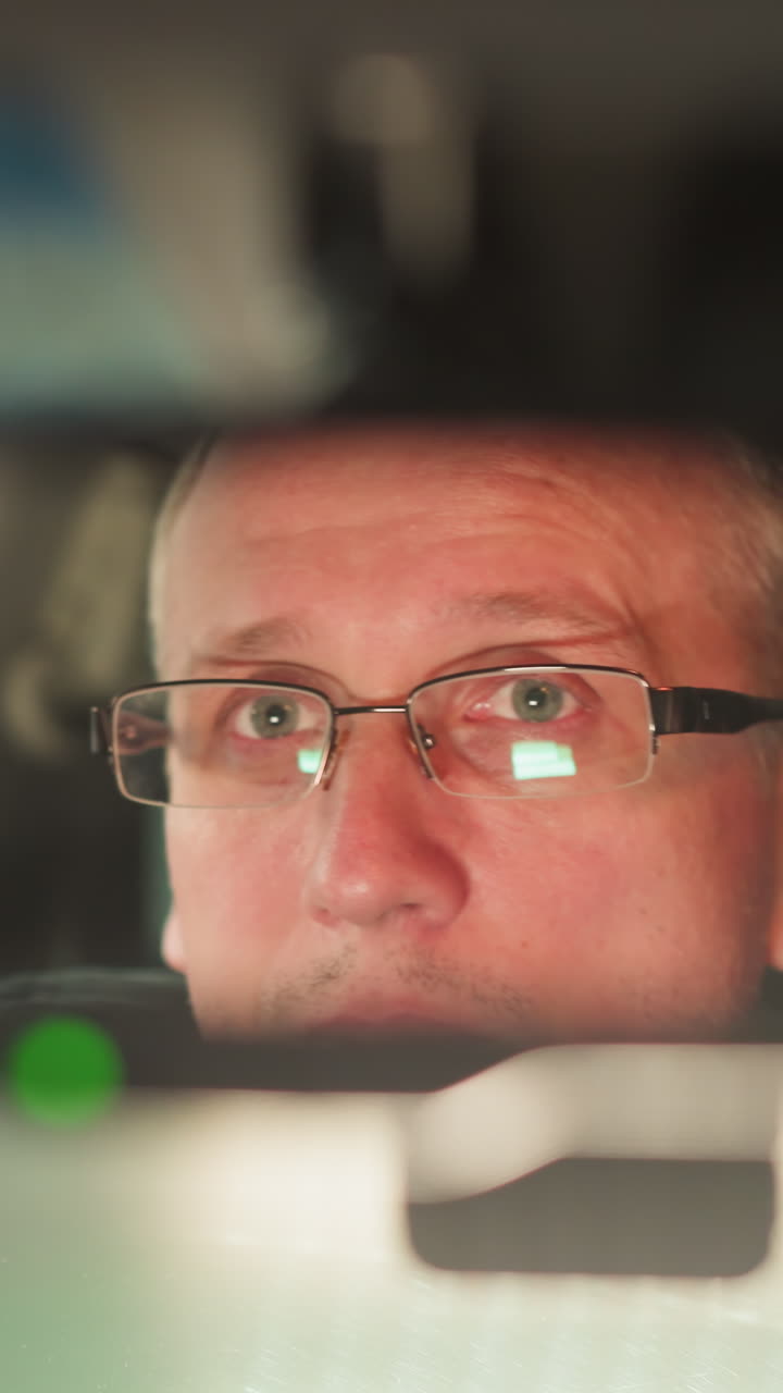 un primer plano de la cara de un hombre que se refleja en el espejo retrovisor de un coche, capturando su expresión seria y enfocada. el hombre lleva gafas, y la escena sugiere un pensamiento profundo
