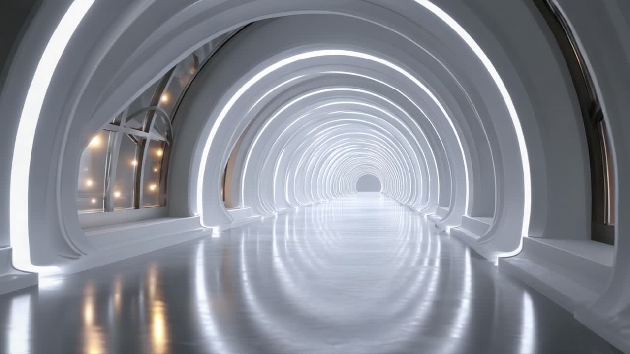 En futuristisk, oplyst korridor med buede arkitektoniske buer og reflekterende overflader, der skaber en følelse af dybde og modernitet i et minimalistisk rum