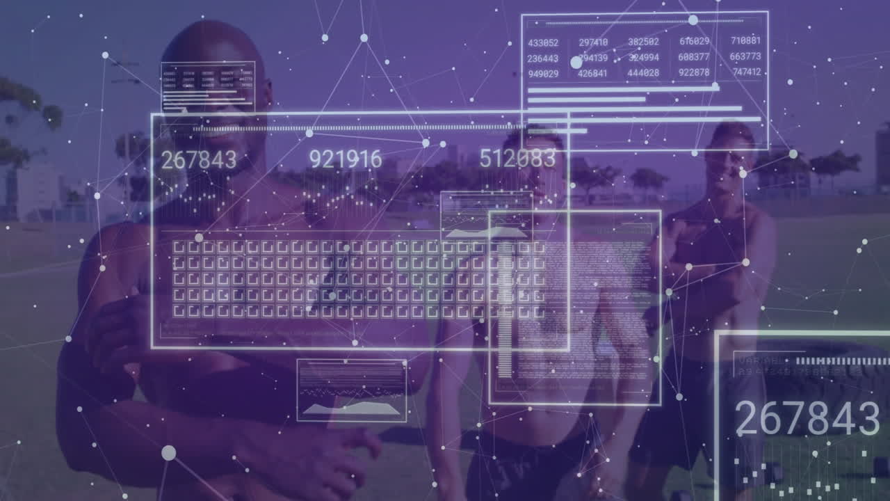 Three athletic men holding fitness session in park displaying animated health tech charts and nodes