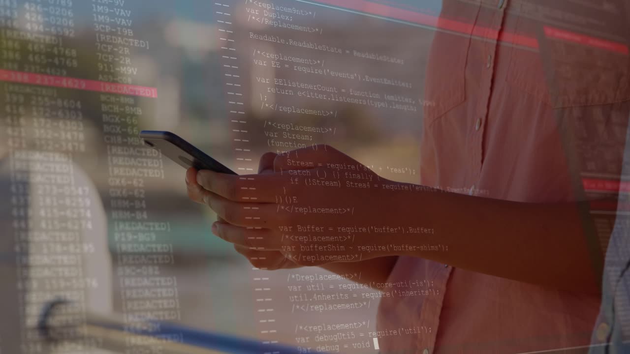 Woman standing seaside balcony scrolling smartphone, code overlay rising visualizing technology