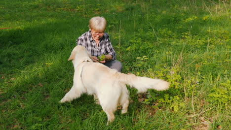 senior woman and golden retriever in park