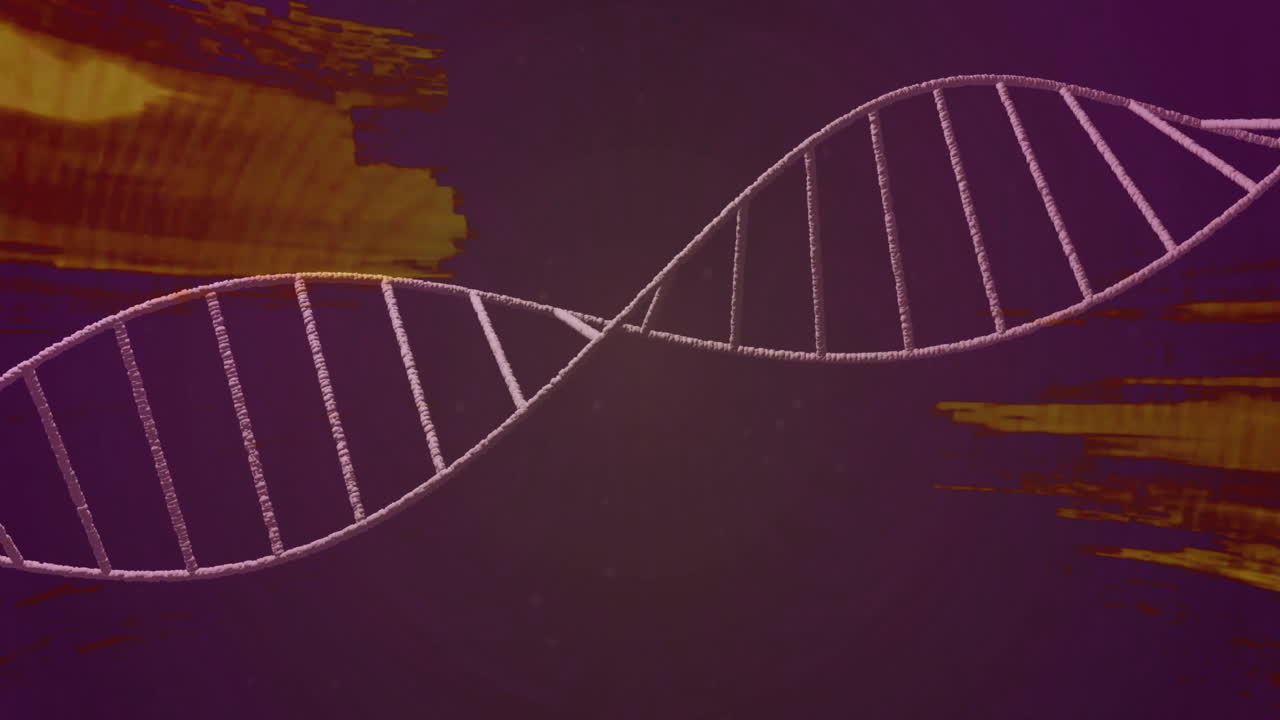 animación de cadena de adn sobre fondo púrpura con formas abstractas amarillas