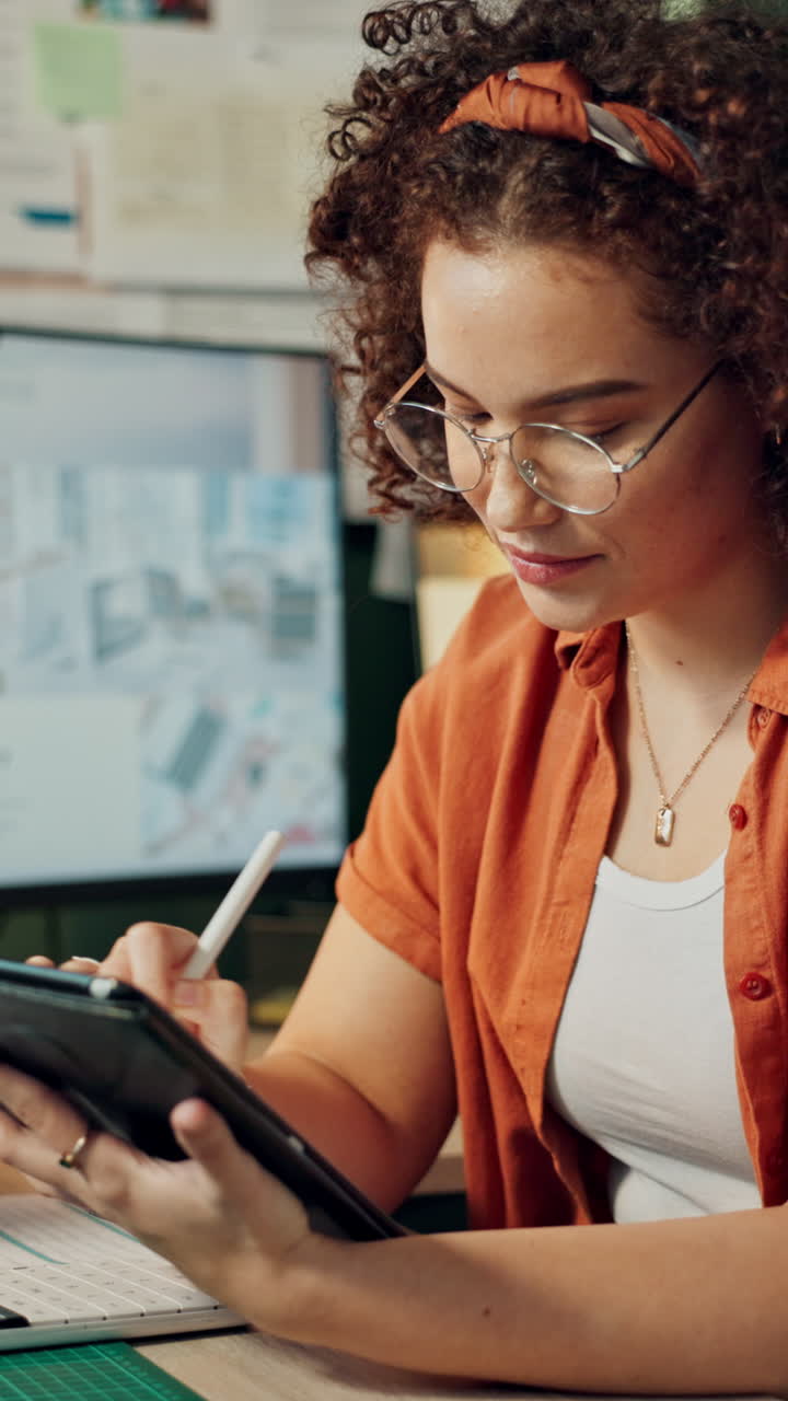 Young Woman Working on Digital Tablet with Stylus in Office