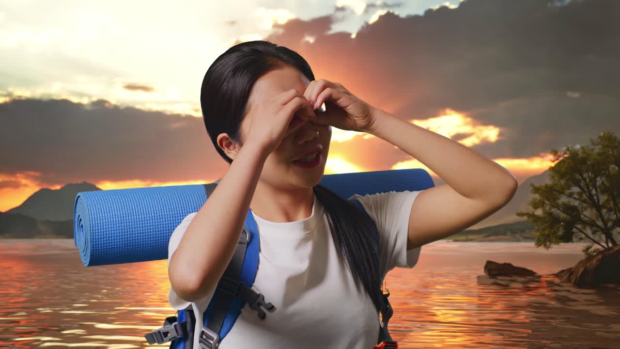 Close Up Of Asian Female Hiker With Mountaineering Backpack Making Binoculars Gesture Looking At Something Then Saying Wow At A Lake