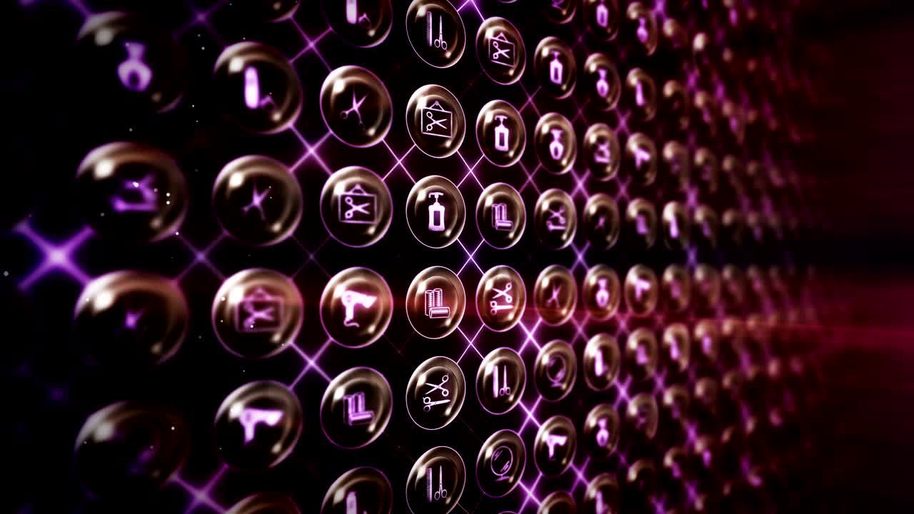 conjunto de iconos de peluquería, fondo de artículos de pelucería, animación de bucle cg,