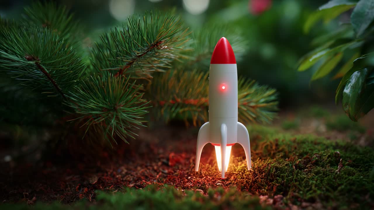 A Small Toy Rocket Positioned Among Lush Greenery, Illuminating the Forest Floor with a Soft Glow, Capturing the Beauty of Playful Imagination and Nature's Serenity in a Whimsical Scene