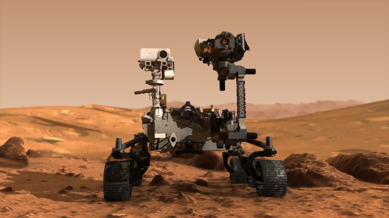 High quality 3D CGI animated render of a smooth dolly shot of the Mars Perseverance rover, on the rocky surface of the planet Mars