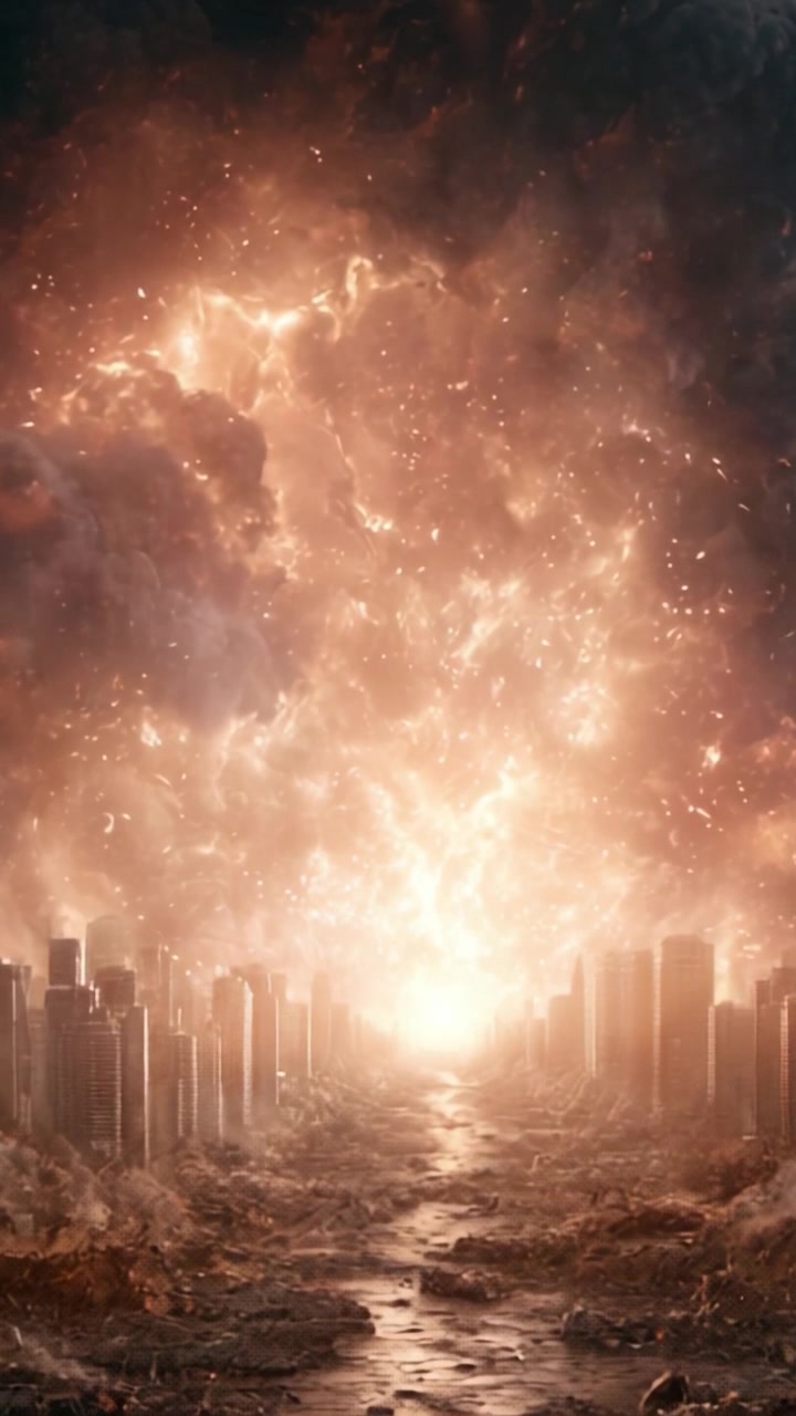 Uno scenario catastrofico di desolazione e caos, che raffigura le conseguenze di un evento apocalittico con cieli infuocati su un paesaggio urbano in rovina.