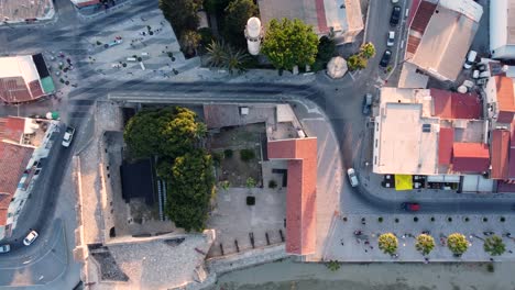 Top-View-of-Larnaca-Oldtown-Medieval-Fort-and-Seaside-Road,-Cyprus