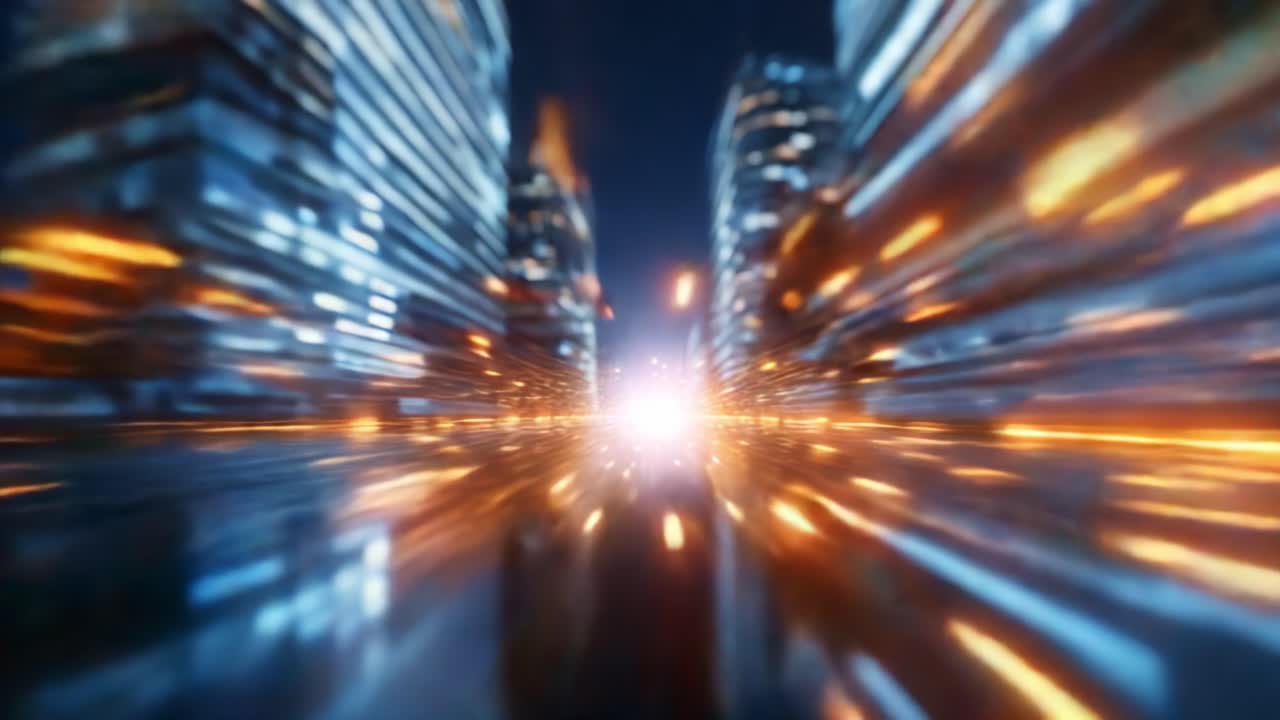 Un viaggio ad alta velocità attraverso un paesaggio urbano futuristico, che cattura l'essenza del movimento e della luce intensa tra i grattacieli in un ambiente urbano dinamico