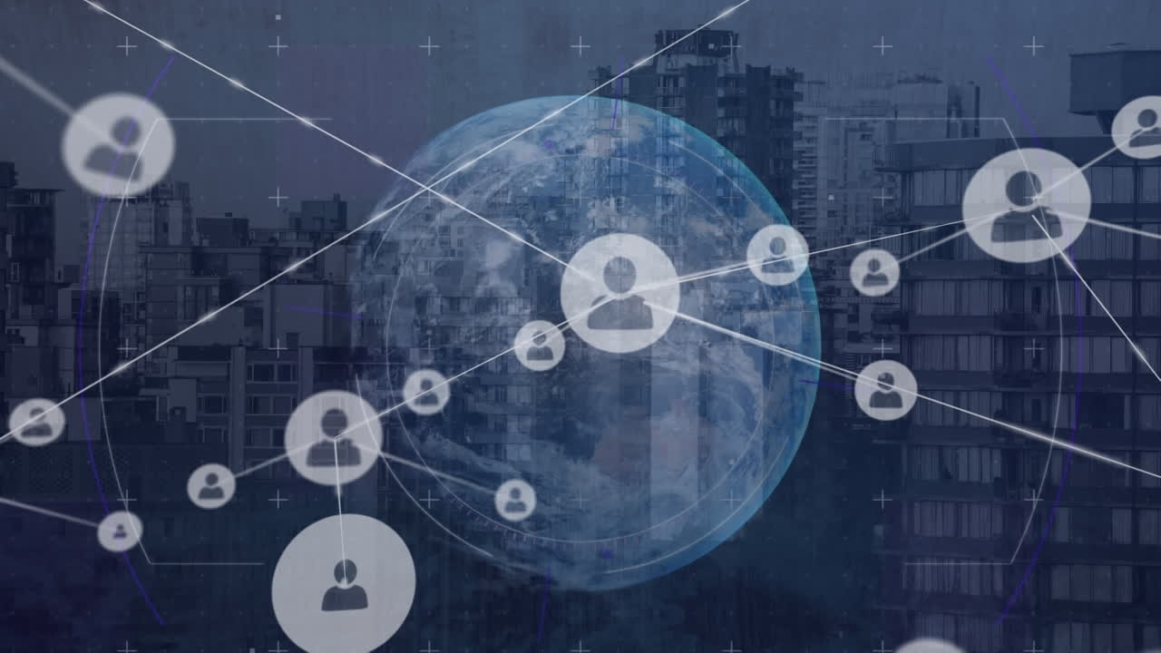 animación de iconos conectados en el mundo en círculo contra la ciudad moderna en el fondo