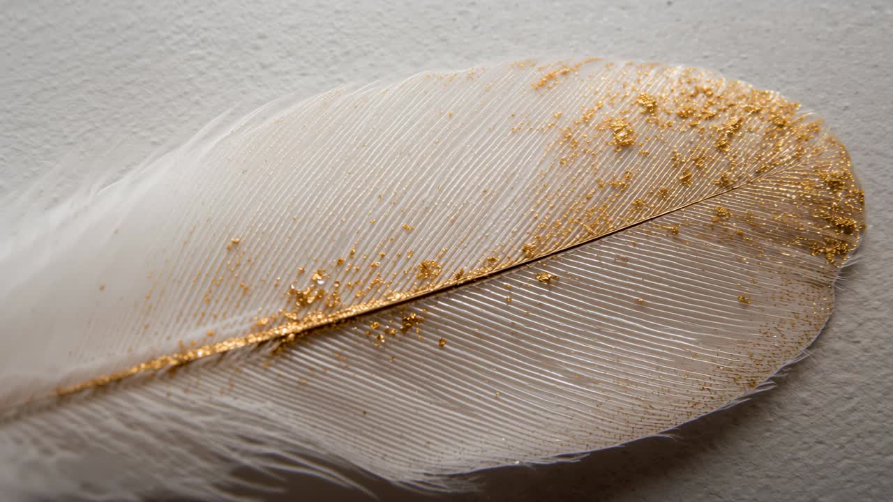 Showing white flight feather gaining gold flakes as frames advance on paper, forming sparkles