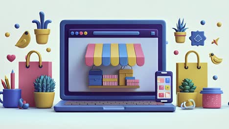 colorful online shopping and e-commerce concept with digital devices