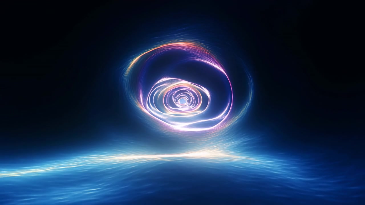 Glowing Energy Portal Above Ocean Surface, Swirling Luminous Rings Hover Over Gentle Waves, Iridescent Spiral