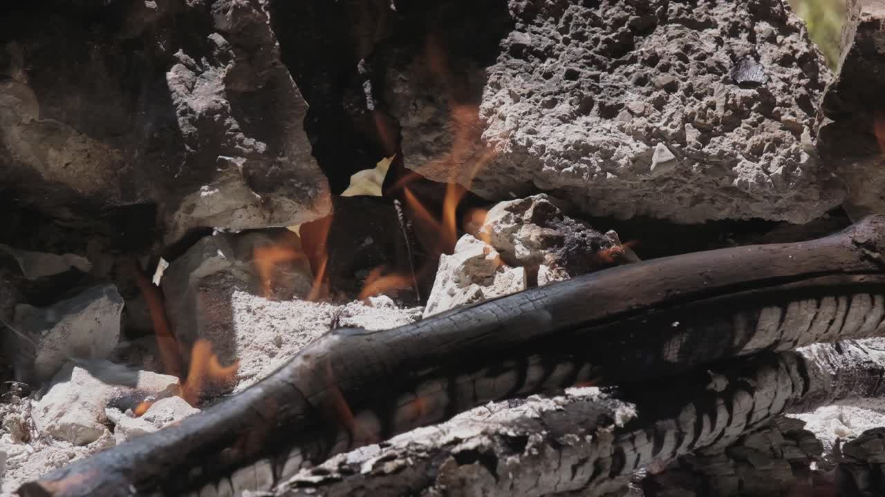 Close-up of Burning Wood and Embers in a Campfire