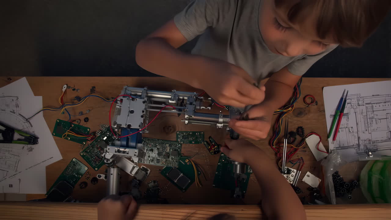 Children assembling electronics and robotics components on a workbench