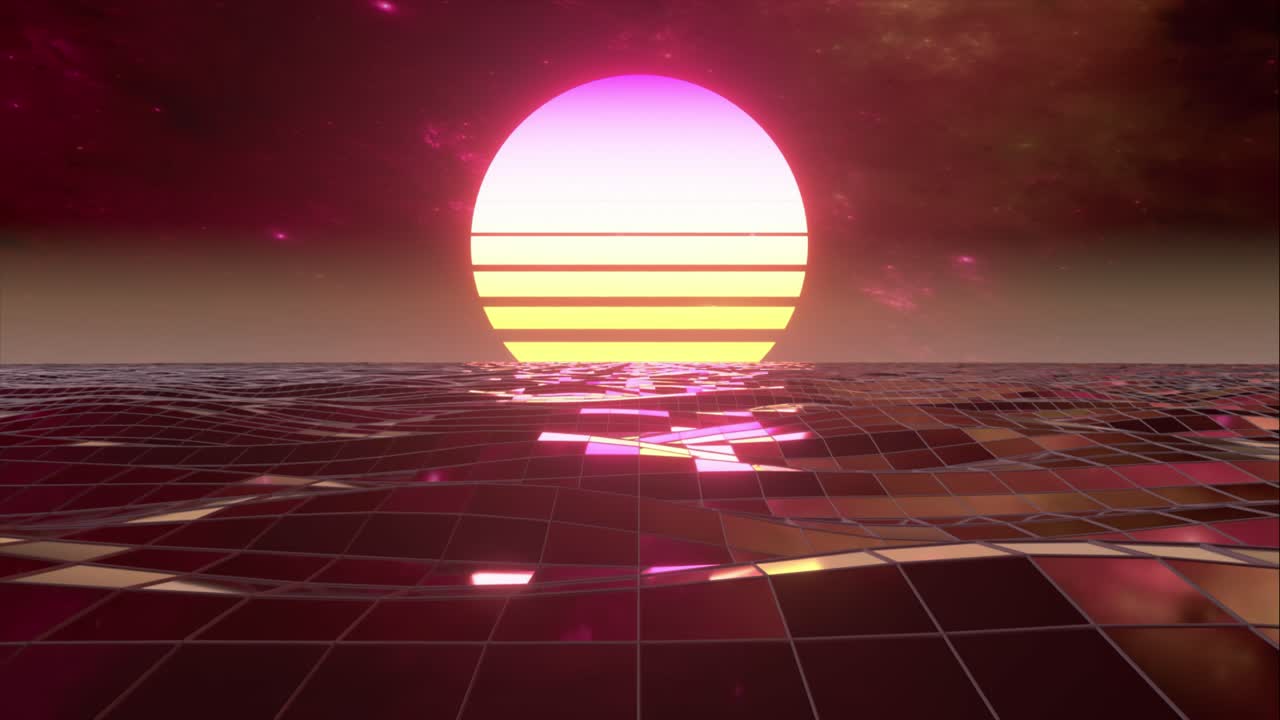 물 위의 레트로 미래적인 해가 지는 모습