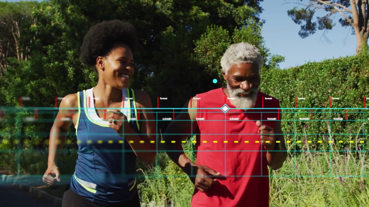 Two running partners jogging along park path, motion activating fitness HUD displaying pace metrics