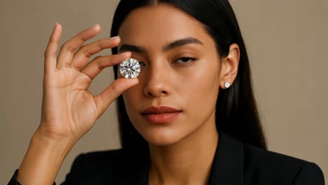 portrait of a woman holding a diamond to her eye, shot at eye level