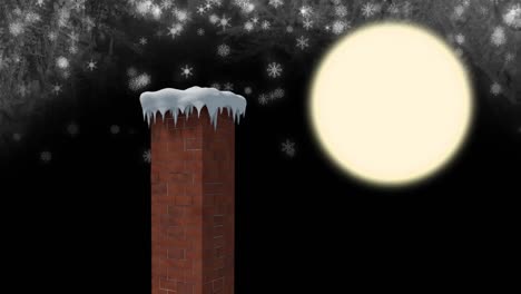 Animación-Del-Paisaje-Navideño-Invernal-Con-Chimenea,-Nieve-Cayendo-Y-Luna