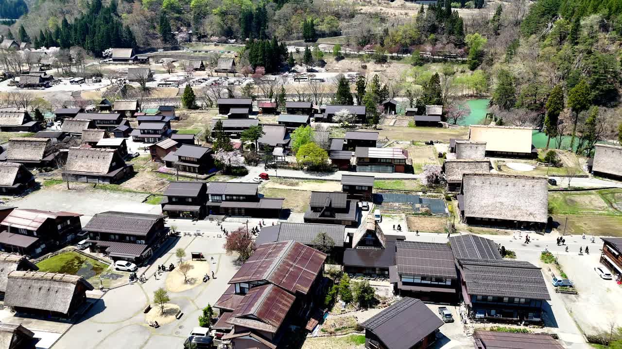Shirakawago, Japan, Aerial. crane show of village centre