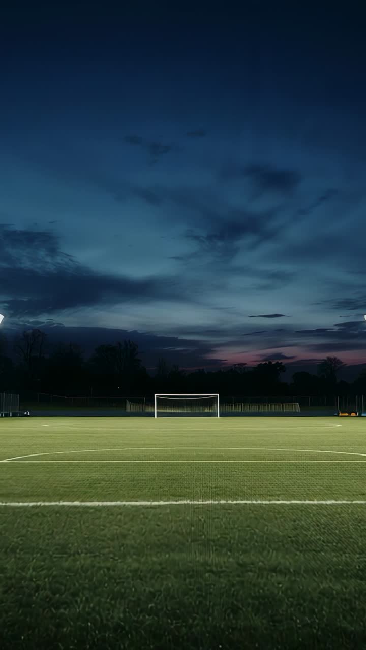 Video vertikal: Merekam tujuan perekaman kamera rendah saat senja tiba di lapangan sepak bola dengan awan